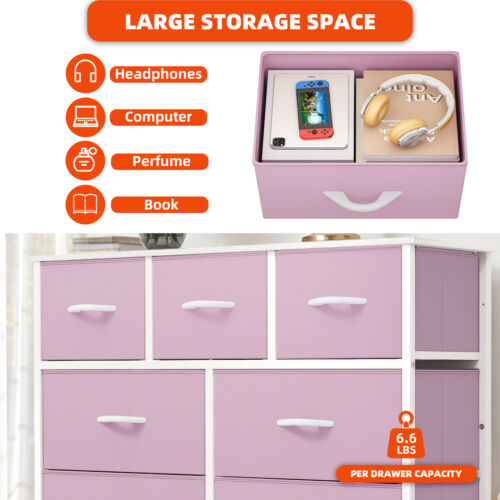 Chest of 9 Drawers Dresser Pink Fabric Storage Waterproof Wooden Top Organizer - Picture 4 of 11