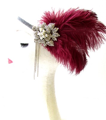 Silver Burgundy Maroon Red Feather Headband 1920s Flapper Headpiece Vintage 1153