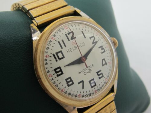 VINTAGE HELBROS INVINCIBLE MANUAL WIND GOLD PLATED WATCH WITH STRETCH BAND - Picture 2 of 8