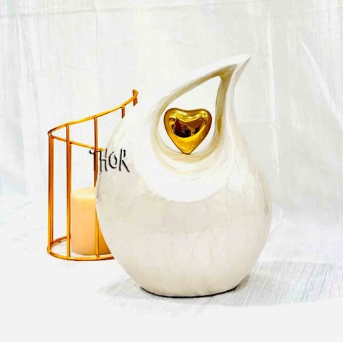 Large Pearl and Gold Enamel Heart Teardrop Urn Adult Pet Dog Ash Cremains Memori - Picture 5 of 16