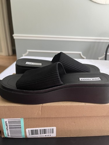 NIB Steve Madden Black Knit Jolee Platform Balanced Slides Sandal Shoes Sz 9.5 - Picture 7 of 11