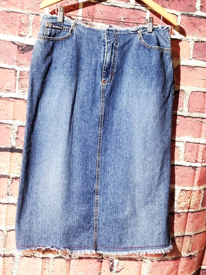 Falda vaquera vintage Y2K azul asfalto envejecida borde crudo flecos cintura dobladillo talla 13 Foto 2 de 4
