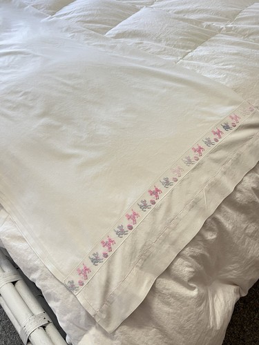 Vintage Percale Crib Baby Child Top Sheet Hand Embroidered Poodles - Picture 2 of 9