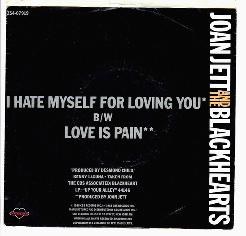 45RPM, JOAN JET / BLACKHEARTS ' HATE MYSELF FOR LOVING U ' DJ ' M- - Picture 2 of 4