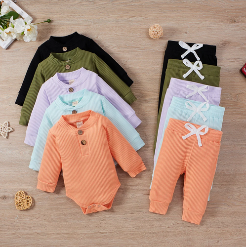 Infant Newborn Baby Girl Boy Spring Autumn Ribbed/Plaid Solid Clothes Sets Long - Picture 6 of 29