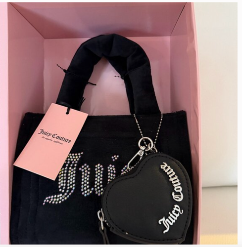 NIB JUICY COUTURE BLACK BIG SPENDER 3 PIECE SET MINI TOTE HEART KEY FOB - Picture 2 of 6