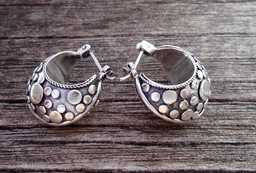 Bali unique comfortable Sterling Silver Hoop Earrings / silver 925  / 0.75 inch - Picture 8 of 8