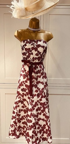 Coast UK 10/12 Berry/Cream Printed Linen/ Silk Midi Bandeau Fit & Flare Dress - Picture 4 of 19
