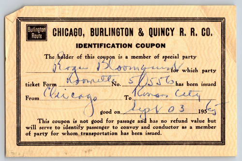 Burlington CBQ 1965 Special Party ID Coupon Illini Railroad Club Bloomquist*