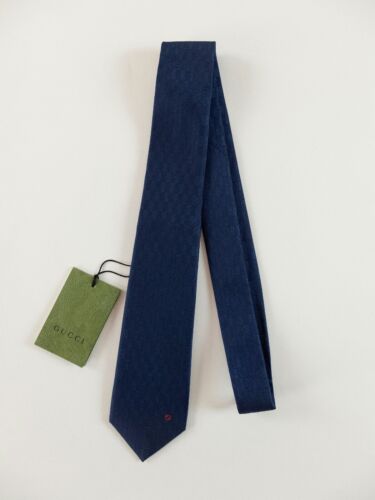 GUCCI navy blue geometric motif interlocking GG logo silk tie authentic NWT