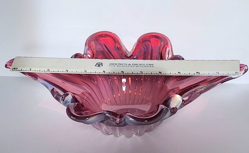 13" Murano Glass Ermanno TOSO Ribbed Fire-y Raspberry Opalescent Bowl MCM 1950s - Picture 7 of 12