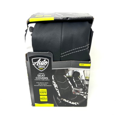 Auto Drive Universal Fit Black White Cow Faux Leather Car Seat and Headrest Cove