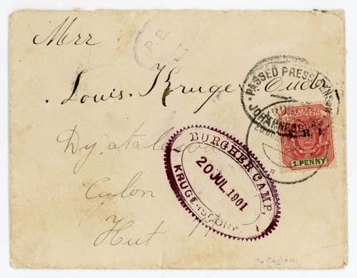 P26/07/RC SOUTH AFRICA TRANSVAAL BURGHER CAMP TO POW CEYLON BOER WAR COVER
