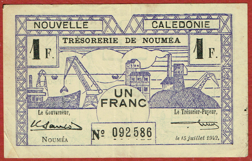 NEW CALEDONIA TRESORERIE DE NOUMEA 1942 1st ISSUE 1 FRANC P-52 VF - Picture 1 of 2