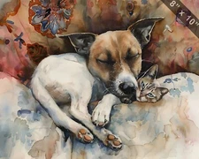 Jack Russell Terrier and Burmese cat sharing a cozy spot 8x10 Print