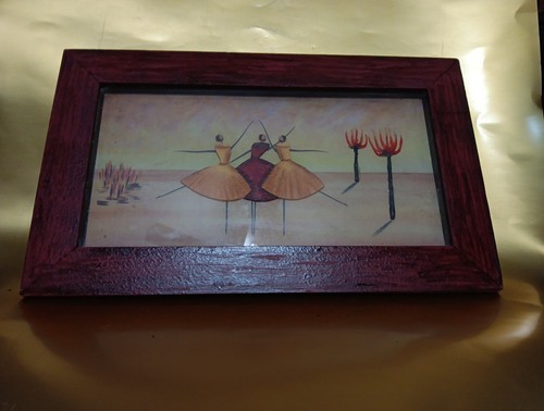 Vintage Kunstwerk Holz Schattenkasten Relief Tänzer Mischtechnik bemalter Rahmen 16" L - Bild 2 von 5