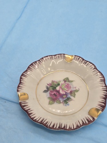 Sm Vtg. Japan Hand Painted Flowers Candy Trinket Dish Deep Rose Ashtray**56-12 - Picture 3 of 6