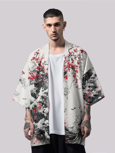 Niepce Men's Japanese Streetwear Kimono Lightweight Printed Cardigan - Picture 148 of 200
