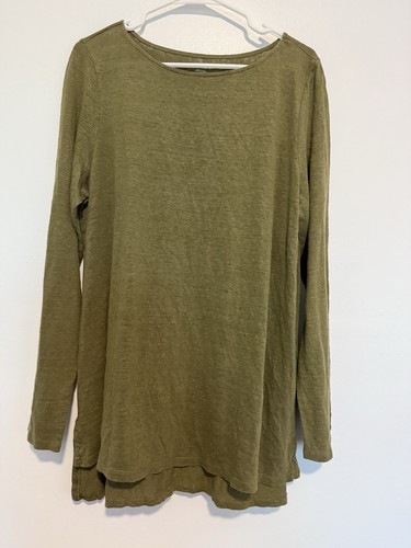 Eileen Fisher Womens Shirt Sz Large Olive Green Organic Linen Minimalist Tunic