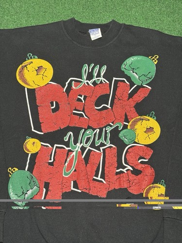 Vintage 90s Christmas Sweatshirt, Deck Your Halls Crewneck, Novelty XL Sweater - Picture 2 of 6