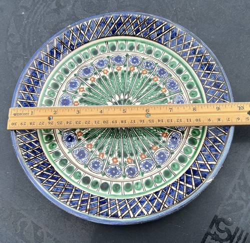 Vtg Uzbek Rishtan Blue & Green Geometric Ceramic Charger Plate Bowl 9 7/8" - Picture 3 of 16