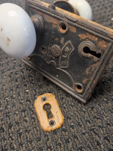 Antique BLW Rim Lock White Knobs Key Plate Escutcheon 1863 Branford Lock Works - Picture 13 of 15