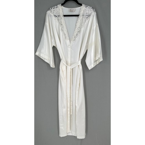 Vintage Morgenmantel Damen Medium weiß Gürtel Spitze Satin V-Ausschnitt USA