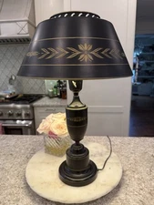 Tole Table Lamp Vtg Antique Black Glass Shade Metal