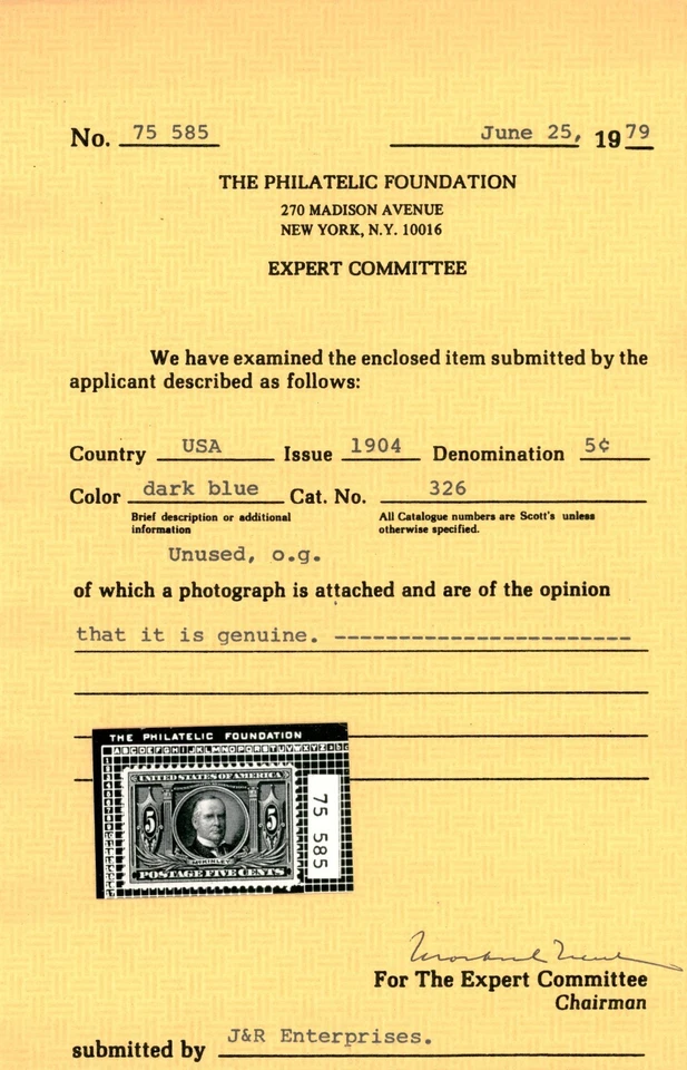 Scott 326 OG MNH VF-XF US 1904 Louisiana Purchase +Cert SCV $180++ - Image 3 of 3