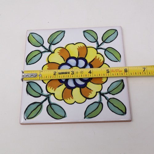 Spanische Terrakotta Keramik Keramik Fliese Untersetzer Kunst 6" gelb Blumen Spanien - Bild 4 von 5