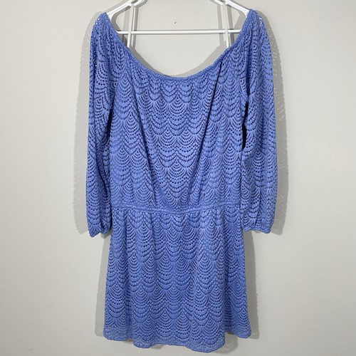 Mameluco corto Lilly Pulitzer Lana fuera del hombro talla XL azul jacinto encaje - Imagen 5 de 7