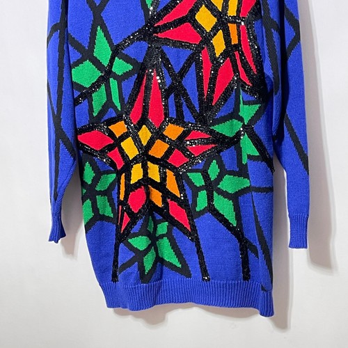 Vintage Knit Sweater Women's Medium (L) Bright Blue Stained Glass Floral Sequins - Picture 7 of 10