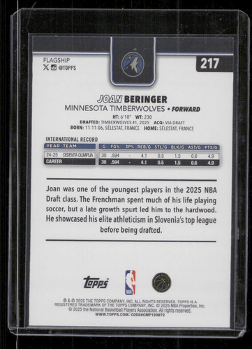 Joan Beringer Minnesota Timberwolves 2025 Flagship Topps RC 217 Rookie - Picture 2 of 2