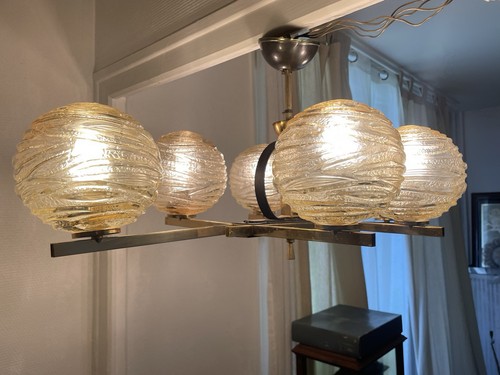Élégant Lustre Suspension Vintage Doré Et Noir 6 Feux Style Maison Arlus 1950 - Foto 4 di 24