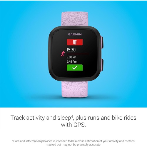Garmin Bounce Kid Smartwatch, Lilac Floral w/ Sling Backpack + 2 Yr Warranty Kit - Photo 9 sur 12