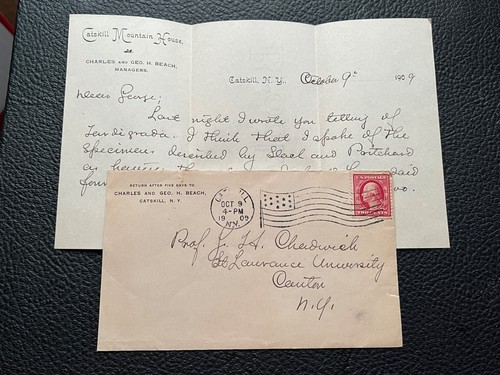 1909 CATSKILL MOUNTAIN HOUSE AD LETTER SIGNED CHARLES BEACH ! FLAG PROF CHADWICK