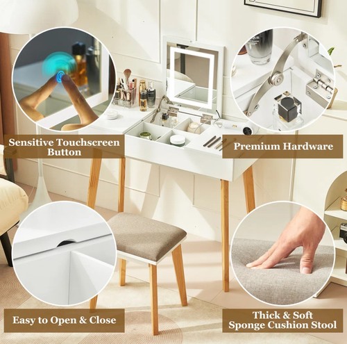 Make Up Vanity & Stool W/ Flip Up Mirror Flip Top 3 LED lights Elec. Outlet USB - Picture 8 of 10