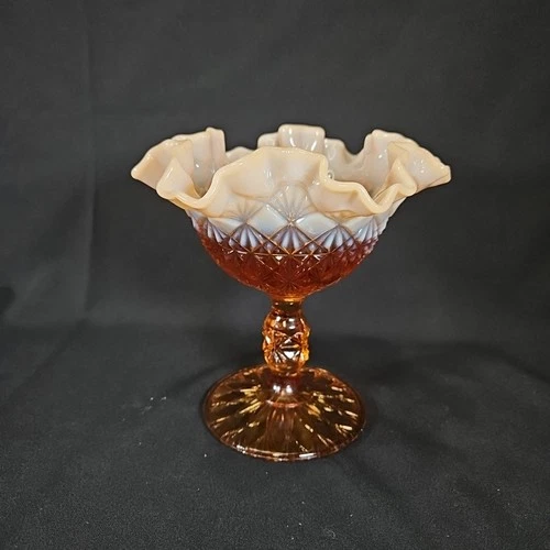Vintage Fenton Hobnail Carmel Brown Compote Candy Dish Opalescent Ruffled Rim 6"