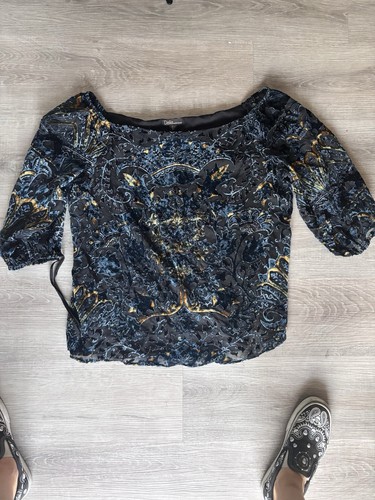 Off Shoulder Burnout Velvet Witchy Whimsigoth Gypsy Boho Top Black Blue Gold L - Picture 6 of 11