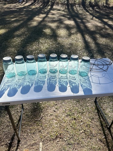 Lot of 8 Blue Perfect Mason Ball Quart Jars w/ Zinc Lids & Vintage Wire Carrier - Picture 3 of 23