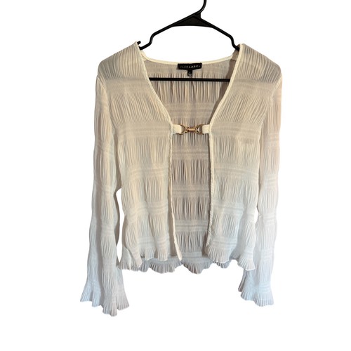 White Sheer Cardigan Gold Clasp Top Small Smocked Ruffle Bell Sleeve Long Sleeve - Picture 1 of 4