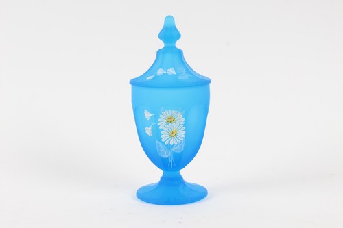 Westmoreland Blue Satin Glass Trinket Candy Dish Hand Painted White Daisies Vtg - Picture 2 of 9