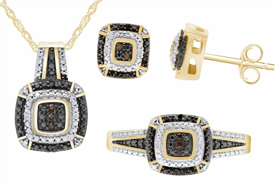 Novo Conjunto de Joias Almofada Diamante Preto 1/10 Ct Champanhe Branco e Cor Aprimorada - Imagem 2 de 4