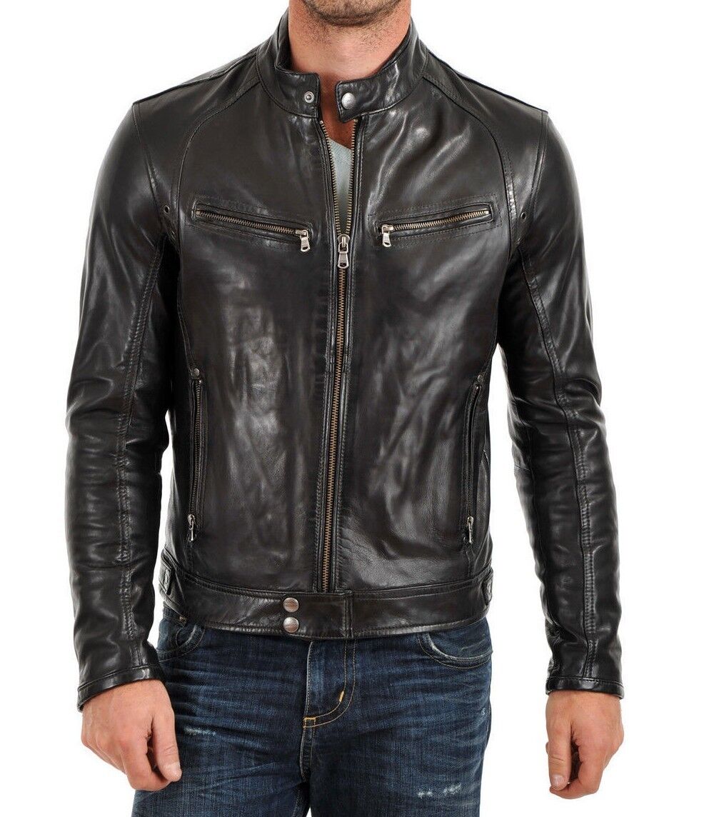 Men's Real Lambskin Jacket Genuine Leather Brown/Black Biker Motorcycle ...