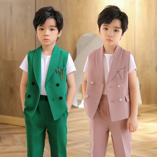 Little Boys Button Down 3 Piece Slim Fit Formal Dresswear Suits Vest Pants Sets - Picture 3 of 20