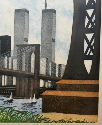 Katherine E Gallagher 'Brooklyn Bridge NYC' & TWIN TOWERS New York Aquatint - Picture 9 of 14