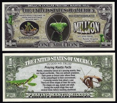 Praying Mantis Million Dollar Bill Play Funny Money Novelty Note + FREE SLEEVE