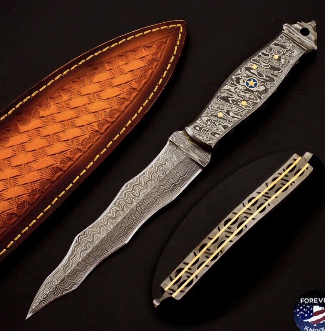 hand forged Damascus dirk stiletto Kris Dagger knife Double Edge Fixed Blade