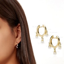 Fresh Water Pearl Gemstone Drop Huggie Hoop Earrings Solid 14K Yellow Gold Fine