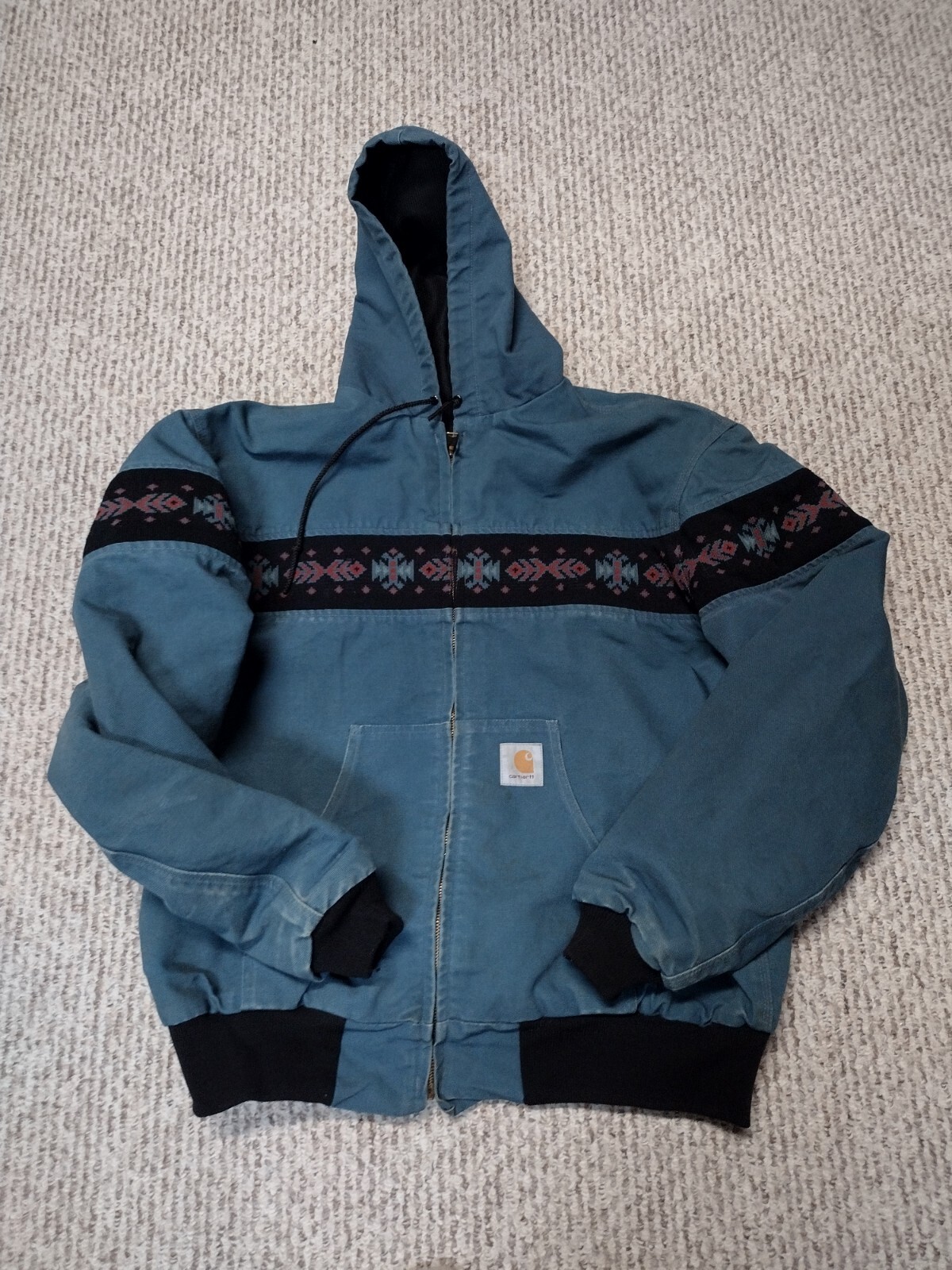 Rare Vintage 90s Carhartt Aztec Jacket USA XL Blue Turquoise Hood Retro Rare